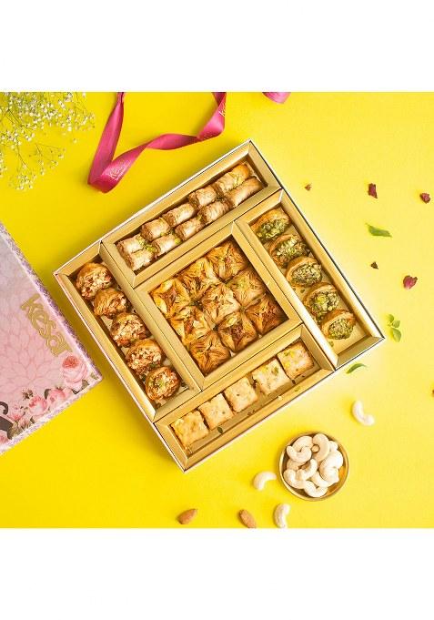 Dessert Drama Royal Celebration Bakalva Box/Baklava Finger, Baklava Pistachio Tart, Almond Pyramid, And Cashew Square