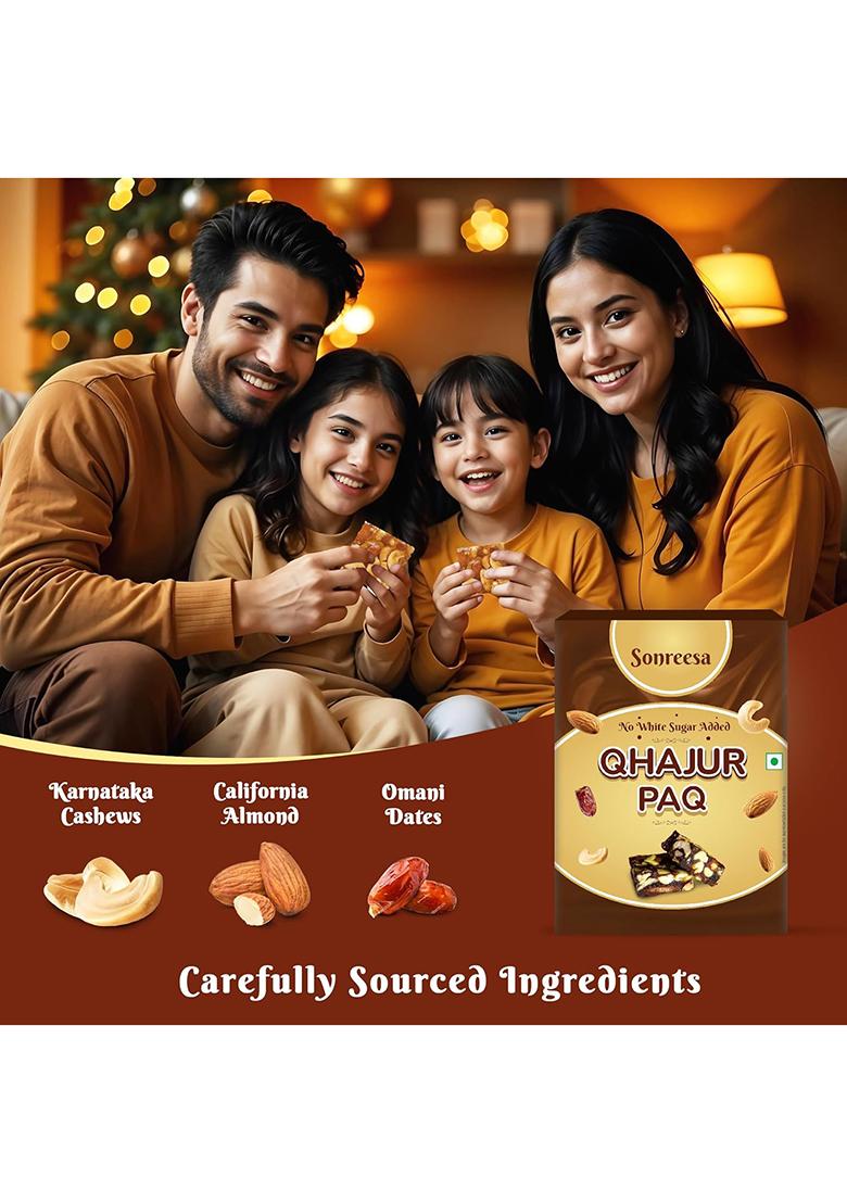Sonreesa Qhajur Paq 200Gms | No Refined Sugar, Processed Sweeteners Sweetness From Dates, Almonds, Cashews, Pista Handcrafted In Small Batches Healthful Snacks, Superfood, Supernut