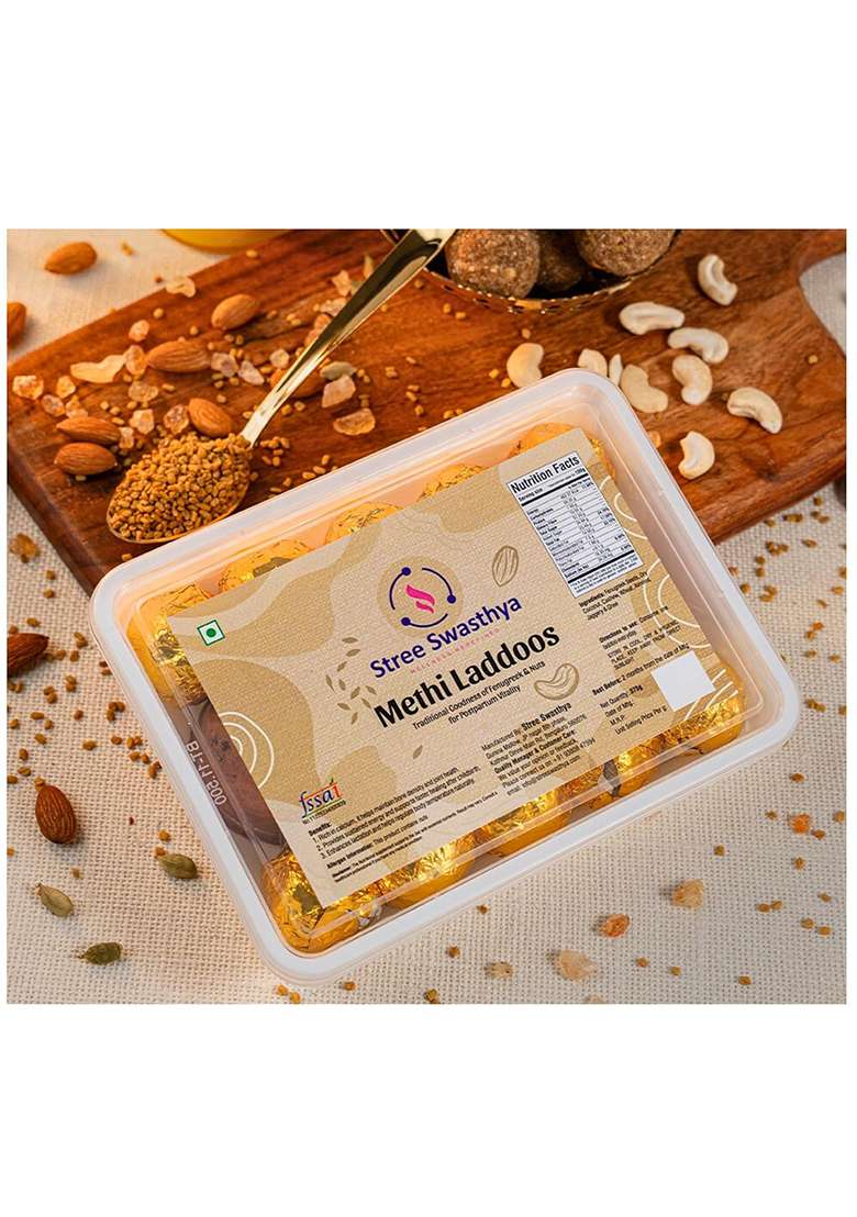 Stree Swasthya Methi Laddoos (Fenugreek Seeds) Post Natal Diet For Mother | After Delivery Food Methi, Gond, Dry Fruits & Pure Cow Bilona Ghee Jaggery Sweetened Fresh Laddu New Moms - 375G - Indya