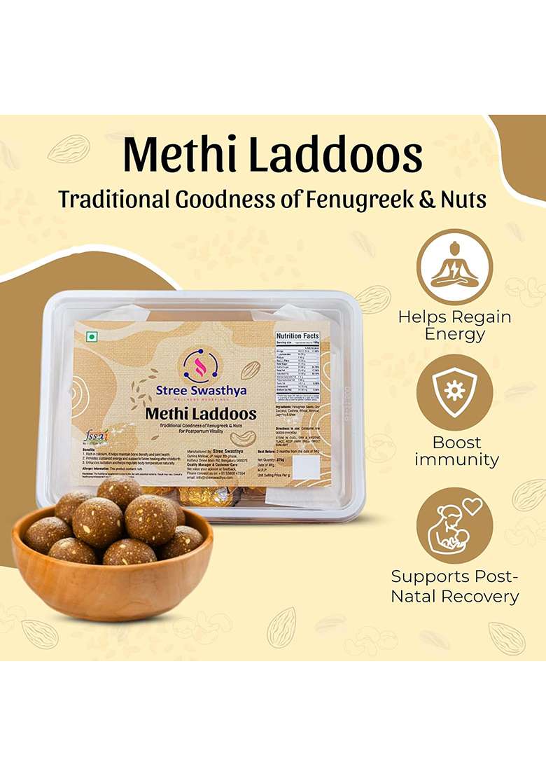 Stree Swasthya Methi Laddoos (Fenugreek Seeds) Post Natal Diet For Mother | After Delivery Food Methi, Gond, Dry Fruits & Pure Cow Bilona Ghee Jaggery Sweetened Fresh Laddu New Moms - 375G - Indya