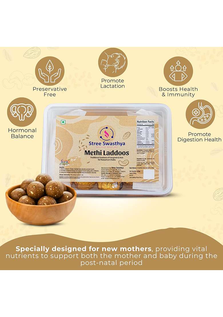 Stree Swasthya Methi Laddoos (Fenugreek Seeds) Post Natal Diet For Mother | After Delivery Food Methi, Gond, Dry Fruits & Pure Cow Bilona Ghee Jaggery Sweetened Fresh Laddu New Moms - 375G - Indya