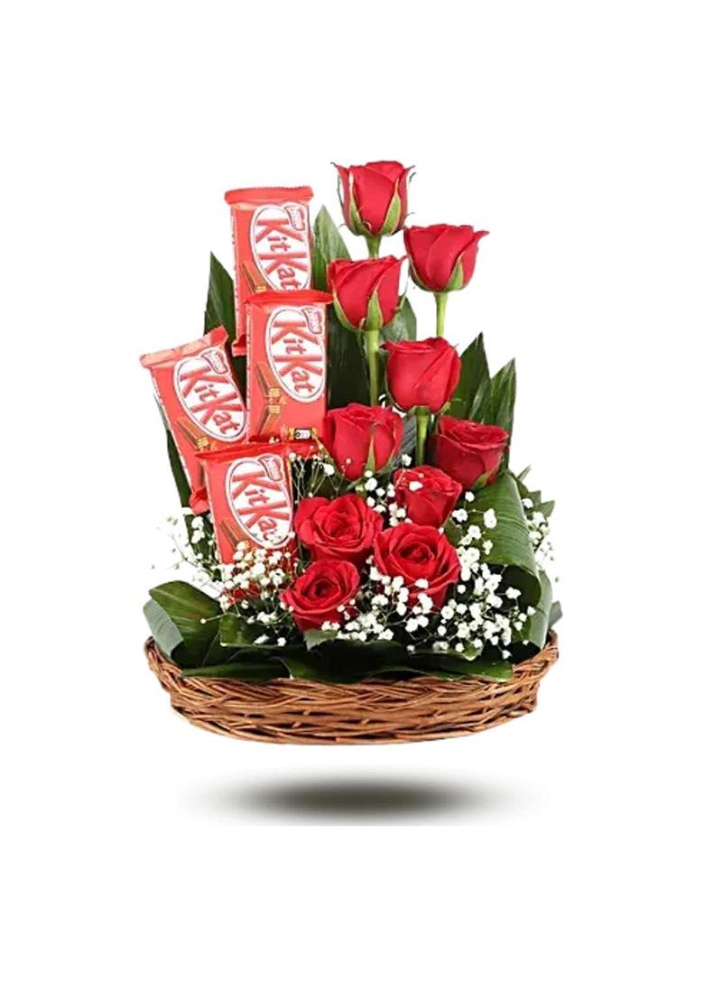 Sweet Stems Romantic Kitkat Chocolate Basket Bouquet With Artificial Roses (Birthday Card)