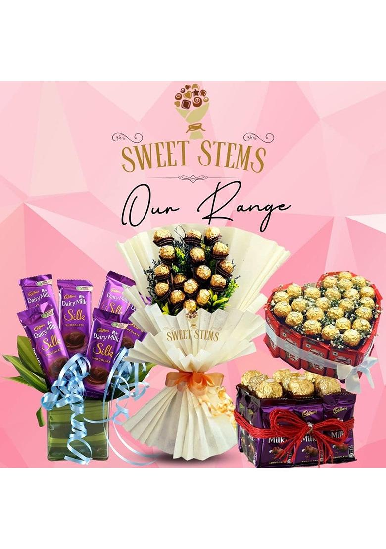 Sweet Stems Romantic Kitkat Chocolate Basket Bouquet With Artificial Roses (Birthday Card)