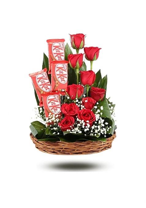 Sweet Stems Romantic Kitkat Chocolate Basket Bouquet With Artificial Roses (Birthday Card)