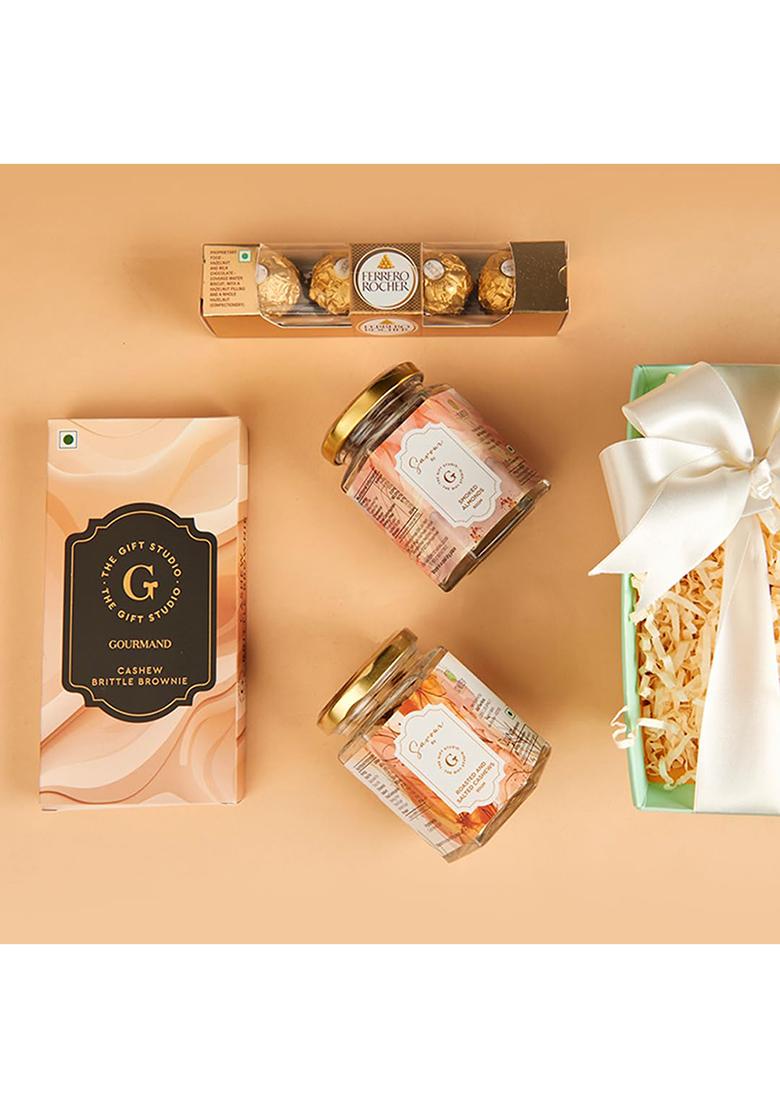 The Gift Studio.Com Midnight Stash Premium Snack Hamper | Smoked Almonds, Roasted & Salted Cashews, Cashew Brittle, Chocolate Box Gourmet Dry Fruit Hamper, Corporate Gifting