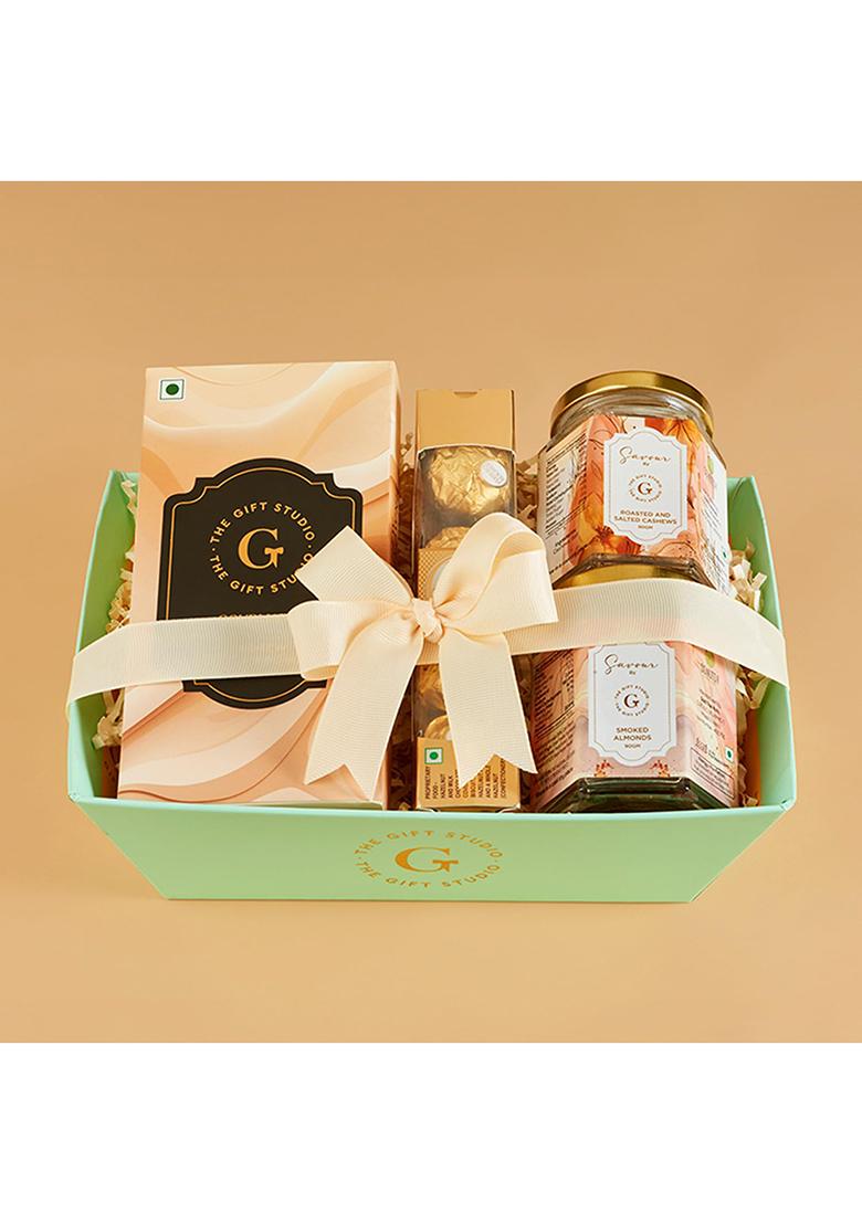The Gift Studio.Com Midnight Stash Premium Snack Hamper | Smoked Almonds, Roasted & Salted Cashews, Cashew Brittle, Chocolate Box Gourmet Dry Fruit Hamper, Corporate Gifting