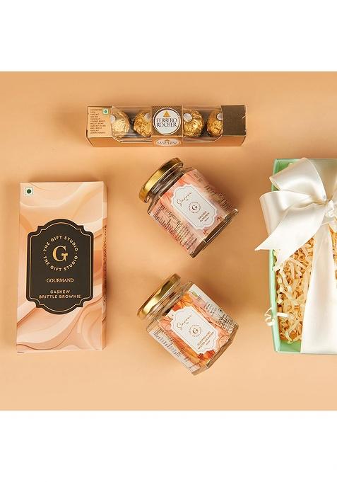 The Gift Studio.Com Midnight Stash Premium Snack Hamper | Smoked Almonds, Roasted & Salted Cashews, Cashew Brittle, Chocolate Box Gourmet Dry Fruit Hamper, Corporate Gifting