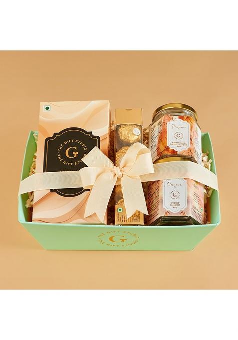 The Gift Studio.Com Midnight Stash Premium Snack Hamper | Smoked Almonds, Roasted & Salted Cashews, Cashew Brittle, Chocolate Box Gourmet Dry Fruit Hamper, Corporate Gifting