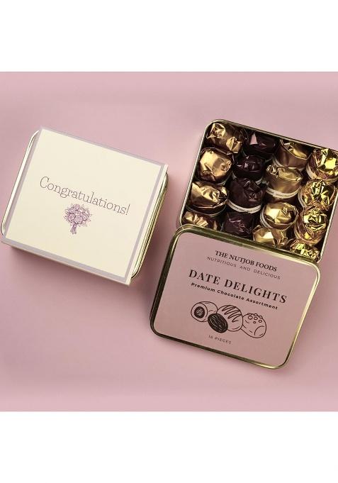 The Nutjob Foods Date Delights 'Congratulations' Premium Chocolate Assortment Gift Box, 16 Pieces, Double Almond, Dark Coconut, White Peanut Butter