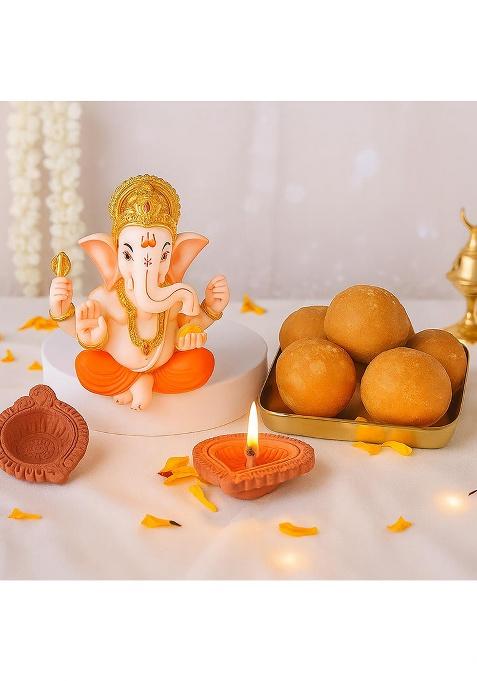 Vibrant Green Diwali Gift Pack Ganesha Idol, Besan Laddu(200Gm) & Set Of 2 Diya | Festival Gifting
