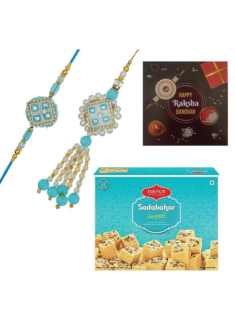 Webelkart Premium Set Of 2 Designer Rakhi For Bhaiya Bhabhi,With Bika Ji Soan Papdi Sweet (450 Gm),Rakhi Brother With Greeting Card,Roli-Chawal