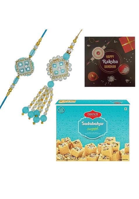 Webelkart Premium Set Of 2 Designer Rakhi For Bhaiya Bhabhi,With Bika Ji Soan Papdi Sweet (450 Gm),Rakhi Brother With Greeting Card,Roli-Chawal