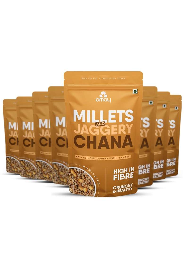 Omay Foods Millets & Jaggery Coated Chana, 30G Pouch (Pack Of 8) | Healthy, Roasted, Guilt-Free Snack 100% Oil-Free Trail Mix (Bajra), (Gur) No Added Sugar - Indya