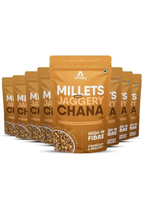 Omay Foods Millets & Jaggery Coated Chana, 30G Pouch (Pack Of 8) | Healthy, Roasted, Guilt-Free Snack 100% Oil-Free Trail Mix (Bajra), (Gur) No Added Sugar