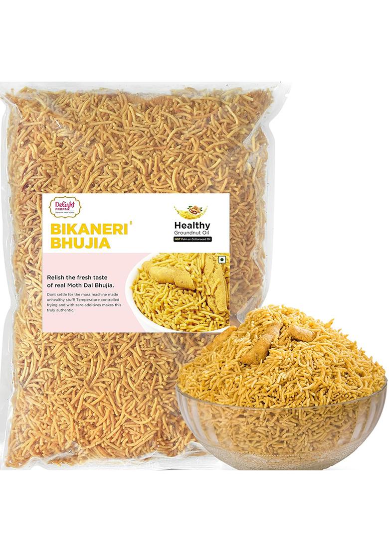 Delight Foods Bikaneri Bhujia Sev Namkeen, 800G | Healthy Groundnut Oil Fried Namkeen Moth Dal Bhujiya Indian Snacks No Preservatives
