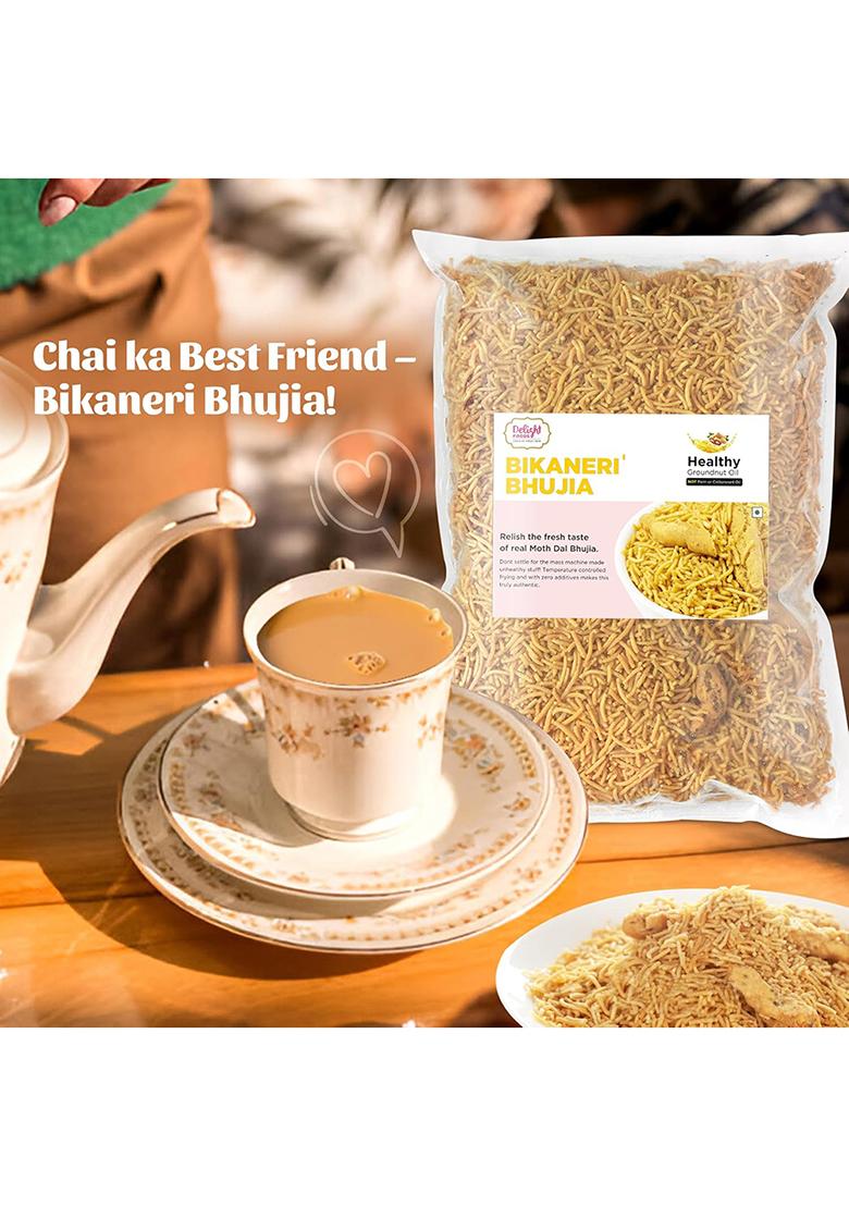 Delight Foods Bikaneri Bhujia Sev Namkeen, 800G | Healthy Groundnut Oil Fried Namkeen Moth Dal Bhujiya Indian Snacks No Preservatives