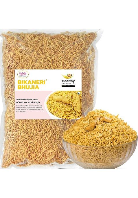 Delight Foods Bikaneri Bhujia Sev Namkeen, 800G | Healthy Groundnut Oil Fried Namkeen Moth Dal Bhujiya Indian Snacks No Preservatives