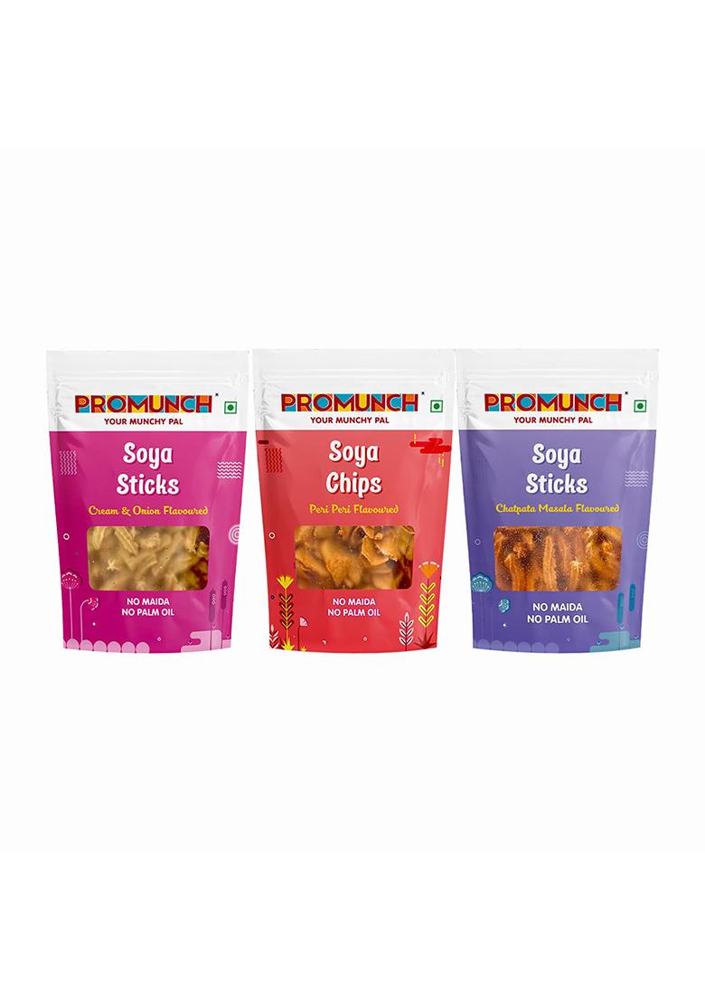 Promunch Soya Sticks (Chatpata Masala, Cream Onion) | Chips (Peri Peri) Crispy Snacks Namkeen Savoury No Palm Oil And Maida