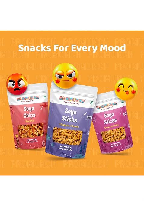 Promunch Soya Sticks (Chatpata Masala, Cream Onion) | Chips (Peri Peri) Crispy Snacks Namkeen Savoury No Palm Oil And Maida