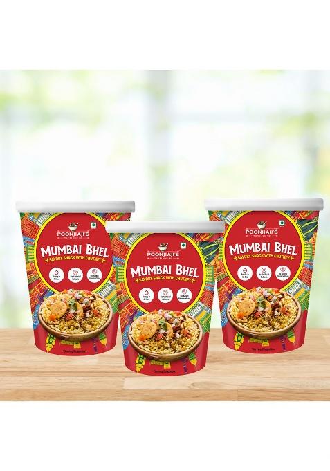 Poonjiaji'S Poonjiaji S Ready-To-Eat Mumbai Bhel 3X100G | Instant Indian Street Food Snack Tangy & Spicy Puri With Chutney Crunchy Travel-Friendly Cup No Cooking Required Chatpata Evening