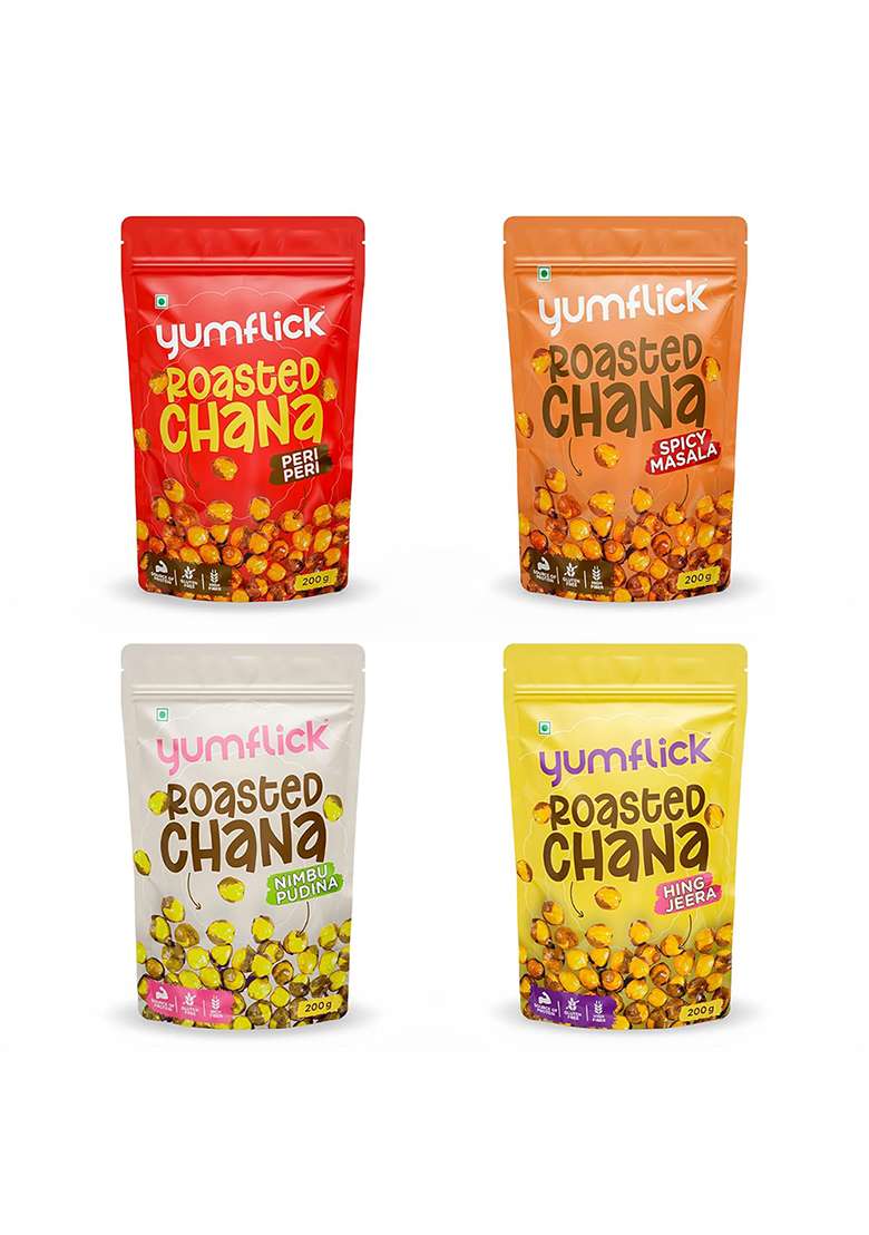 Yumflick Roasted Chana Combo Pack | Hing Jeera, Nimbu Pudina, Spicy Masala & Peri 200G Each 100% Not Fried High Protein, Fibre Gluten-Free, Vegan Namkeen - Indya
