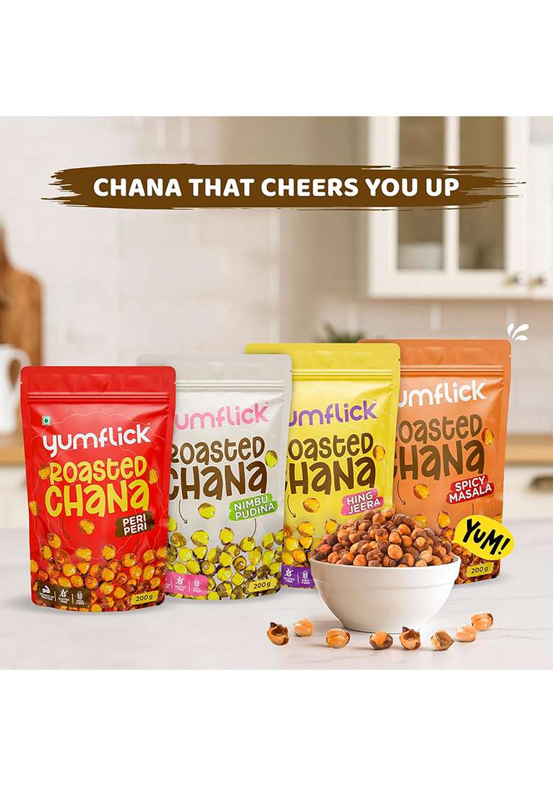 Yumflick Roasted Chana Combo Pack | Hing Jeera, Nimbu Pudina, Spicy Masala & Peri 200G Each 100% Not Fried High Protein, Fibre Gluten-Free, Vegan Namkeen - Indya