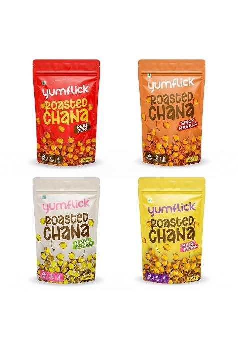 Yumflick Roasted Chana Combo Pack | Hing Jeera, Nimbu Pudina, Spicy Masala & Peri 200G Each 100% Not Fried High Protein, Fibre Gluten-Free, Vegan Namkeen