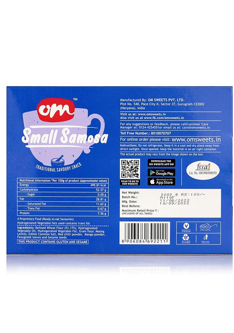 Om Sweets & Snacks Small Samosa | Freshly Prepared Crispy, Healthy Hygienic Crunchy And Delicious Best Tea Time Indian Snack For Foodie Namkeen Savouries Ready To Eat Pack Of 2 X 300G