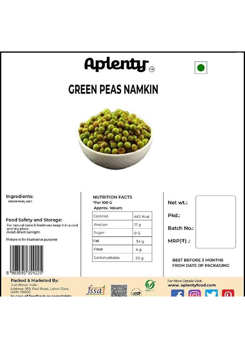 Aplenty Roasted Green Peas (Crunchy) | Salted & Masala (Namkeen Matar) Dried Matar Snacks 400G - Indya