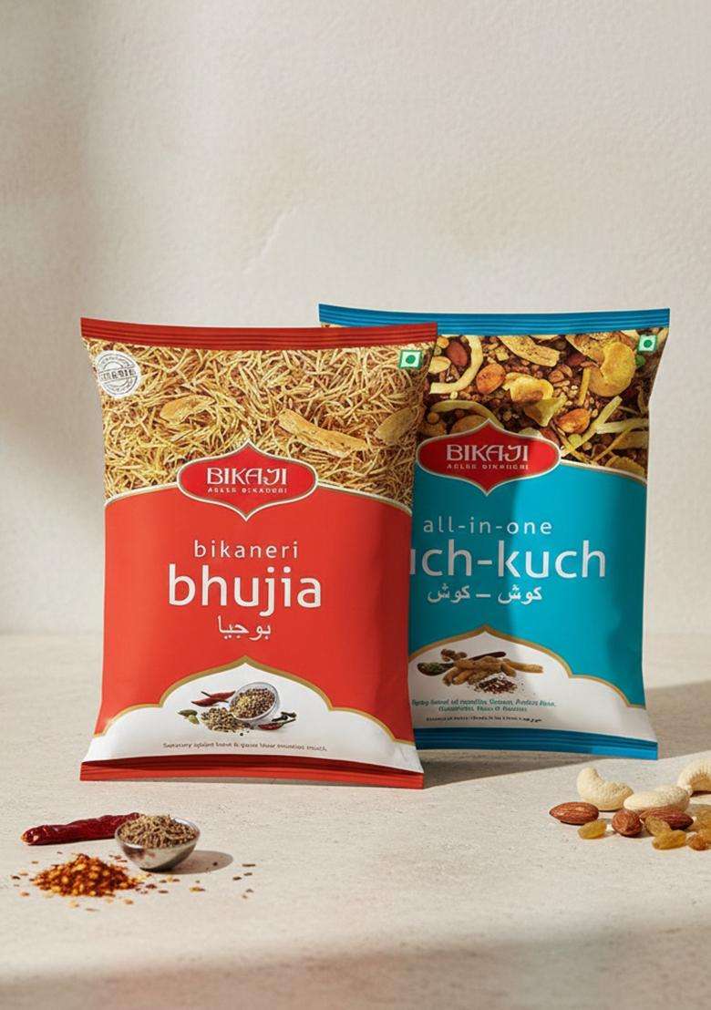 Bikaji Aslee Bikaneri Bhujia, 400 G And All In One Kuch Kuch, Snack Combo Pack - Of 2 - Indya