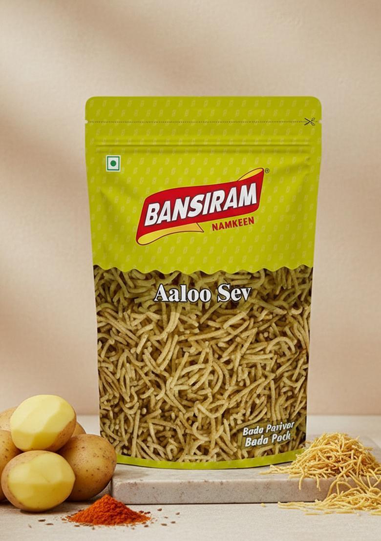 Bansi Ram Bansiram Aloo Sev | Authentic Indian Bhujia Namkeen Crispy & Light Potato Snack Delicious Spiced Ready-To-Eat Savory Perfect For Tea Time, Travel Anytime Munching 400G Pack
