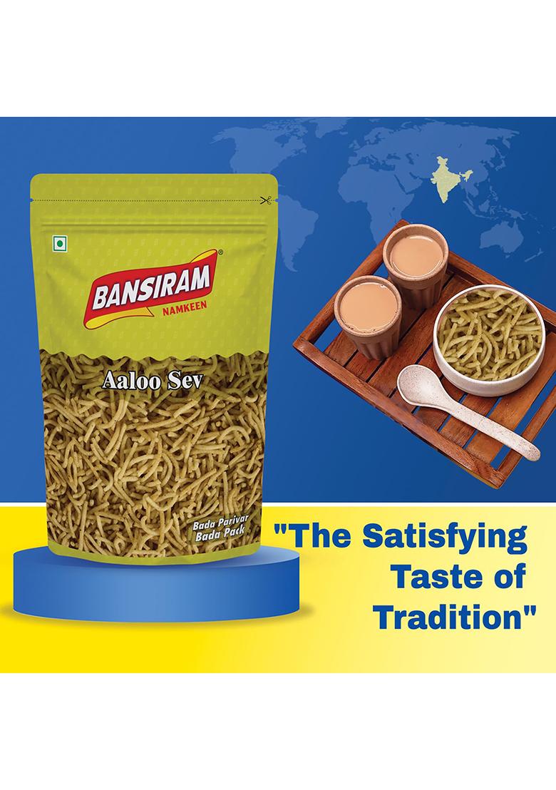 Bansi Ram Bansiram Aloo Sev | Authentic Indian Bhujia Namkeen Crispy & Light Potato Snack Delicious Spiced Ready-To-Eat Savory Perfect For Tea Time, Travel Anytime Munching 400G Pack
