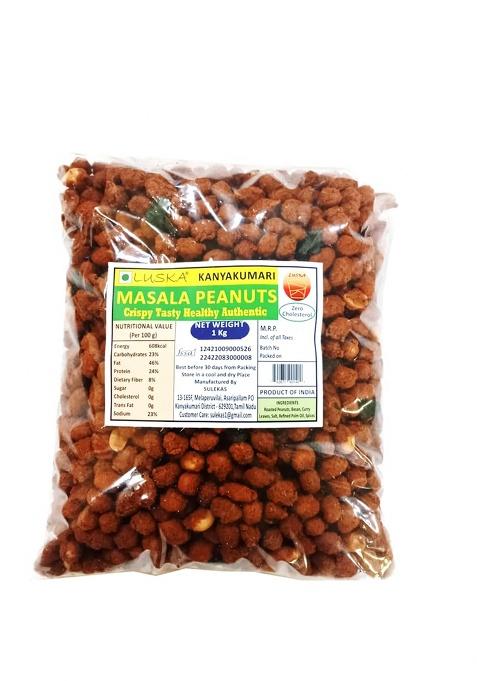 Luska Kanyakumari Spicy Hot Crunchy Masala Coated Roasted Peanuts Snacks Namkeen | 1 Kg (1000 Grams) Traditional South Indian Kadalai Zero Cholesterol
