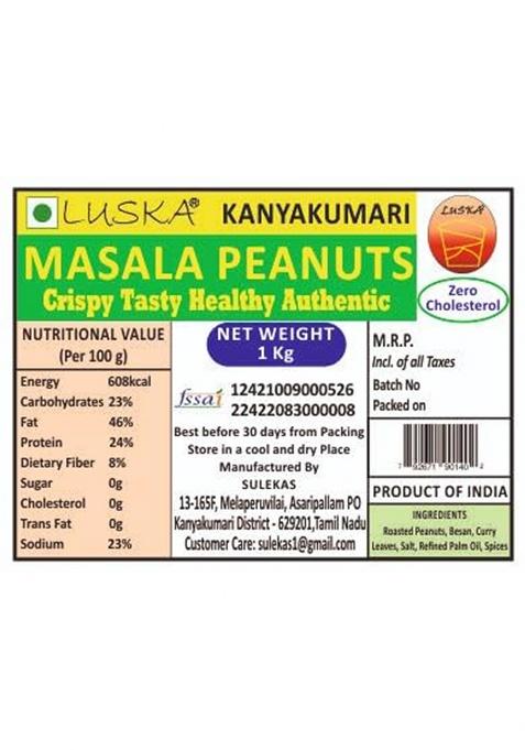 Luska Kanyakumari Spicy Hot Crunchy Masala Coated Roasted Peanuts Snacks Namkeen | 1 Kg (1000 Grams) Traditional South Indian Kadalai Zero Cholesterol