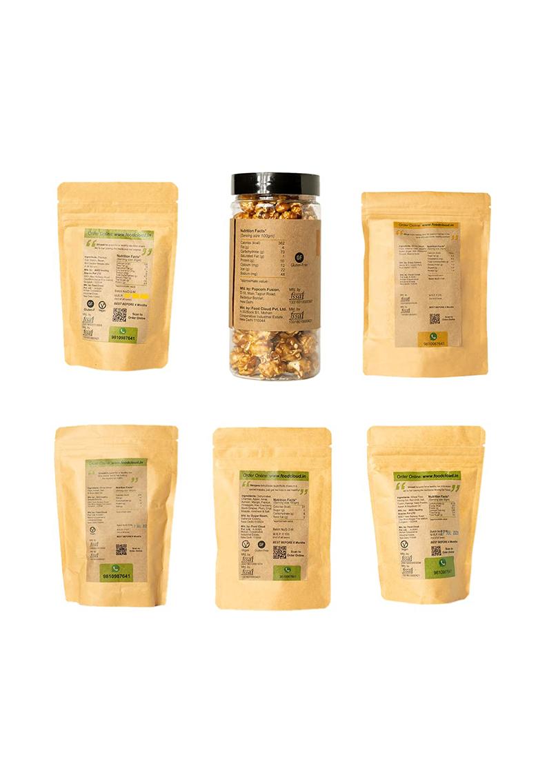 Foodcloud.In Sweet & Savoury Gift Hamper (Pack Of 6) | Oats Almond / Choco Chip Cookies, Baked Mathi, Caramel Popcorn, Moong Dal Twisty, Chatpat