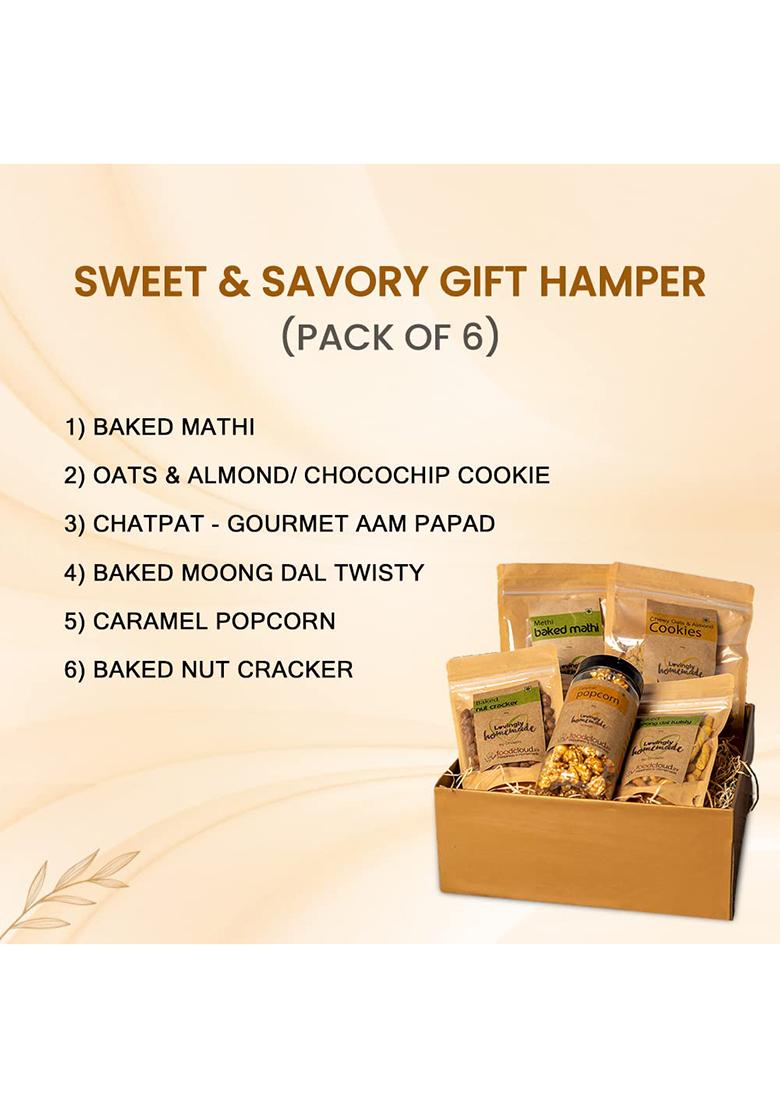 Foodcloud.In Sweet & Savoury Gift Hamper (Pack Of 6) | Oats Almond / Choco Chip Cookies, Baked Mathi, Caramel Popcorn, Moong Dal Twisty, Chatpat
