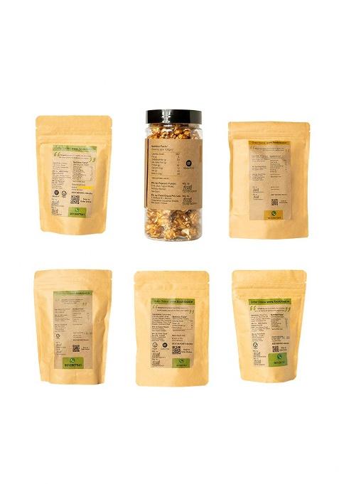 Foodcloud.In Sweet & Savoury Gift Hamper (Pack Of 6) | Oats Almond / Choco Chip Cookies, Baked Mathi, Caramel Popcorn, Moong Dal Twisty, Chatpat