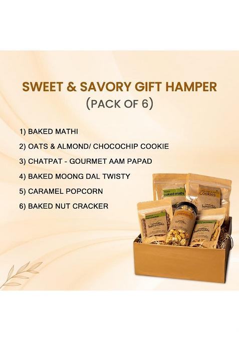 Foodcloud.In Sweet & Savoury Gift Hamper (Pack Of 6) | Oats Almond / Choco Chip Cookies, Baked Mathi, Caramel Popcorn, Moong Dal Twisty, Chatpat