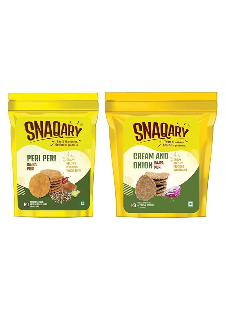 Snaqary Ready To Eat Multigrain Cream & Onion With Peri-Peri Bajra Mathi Puri Combo- 150Gm Each|Mathri Chai Time Snacks|Pack Of 2-300 Gm - Indya