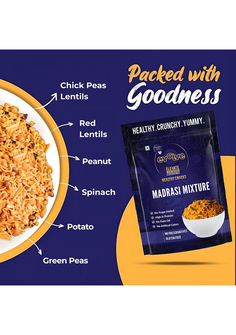 Evolve Madras Mixture | South Indian Namkeen Snack, Crunchy & Savory, Crispy Fresh, Spicy Taste, No Palm Oil Preservative-Free 200G (100G Each, Pack Of 2)