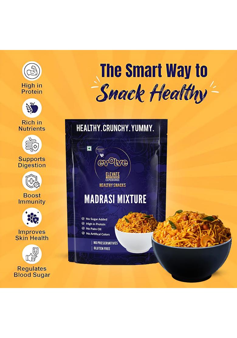 Evolve Madras Mixture | South Indian Namkeen Snack, Crunchy & Savory, Crispy Fresh, Spicy Taste, No Palm Oil Preservative-Free 200G (100G Each, Pack Of 2)