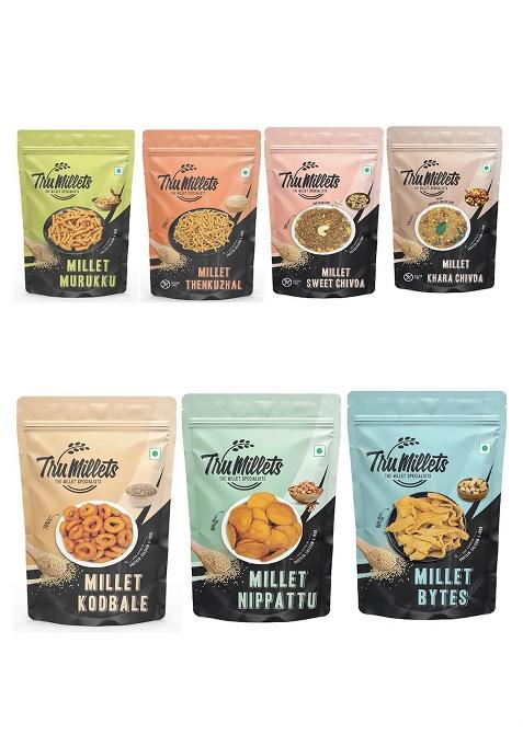Trumillets (Pack Of 7) (25 Grams Each) Healthy Millet Namkeen Combo Snack,South Indian Snacks ,High In Protein,Calcium,Iron,Fibre,No Palm Oil, No Cholesterol, Gluten-Free,(Murukku, Bites , Sweet Chivda, Nippatu, Kodbale, Thengol, Kara Chivada) Ready To Eat ,Trans Fat Free, Low Calorie