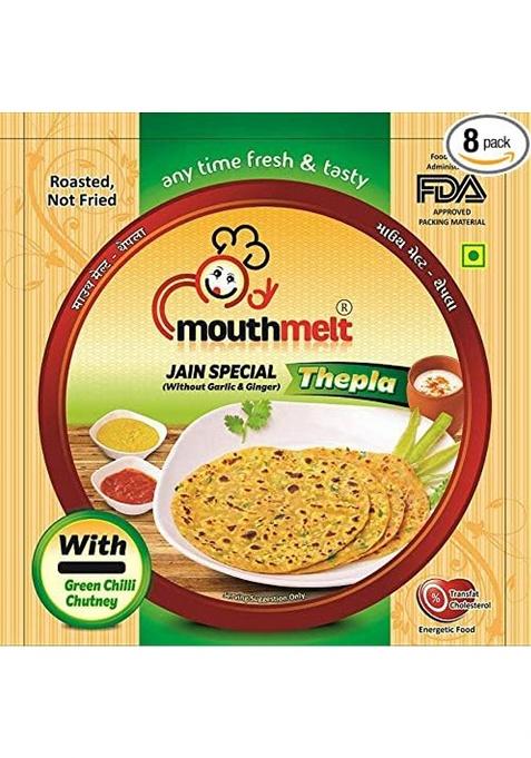 Mouthmelt Methi Masala + Jain Special Thepla Pack Of 8 | Ready To Eat,Rosted, Not Fried 2 (With Garlic And Ginger 6 - Without & 3 Month Shelf Life- Free Green Chutney Gujarati Snack (200G X Packets, Pcs In 1 Pack) 1600 Grams