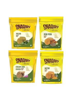 Snaqary Multigrain Bajra Mathri Combo - Methi, Peri-Peri, Palak, Cream & Onion Flavors | Ready-To-Eat Crispy Namkeen Tea Snacks (4-Pack, 150G Each) Irresistible Snacking Delight