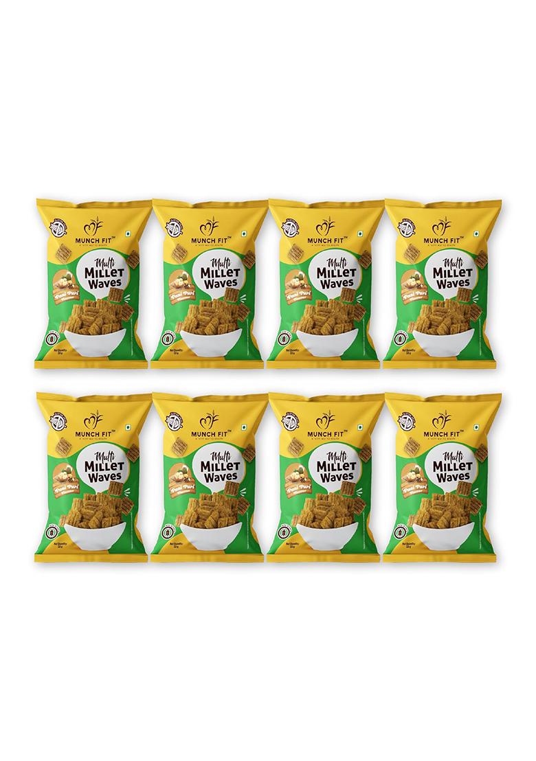 Munch Fit Healthy & Tasty Pani Puri Flavour Millet Snacks | Waves Roasted, Snack For Office Party 100% Veg, High Fibre, Gluten Free, Non Fried Pack Of 8X50G Each