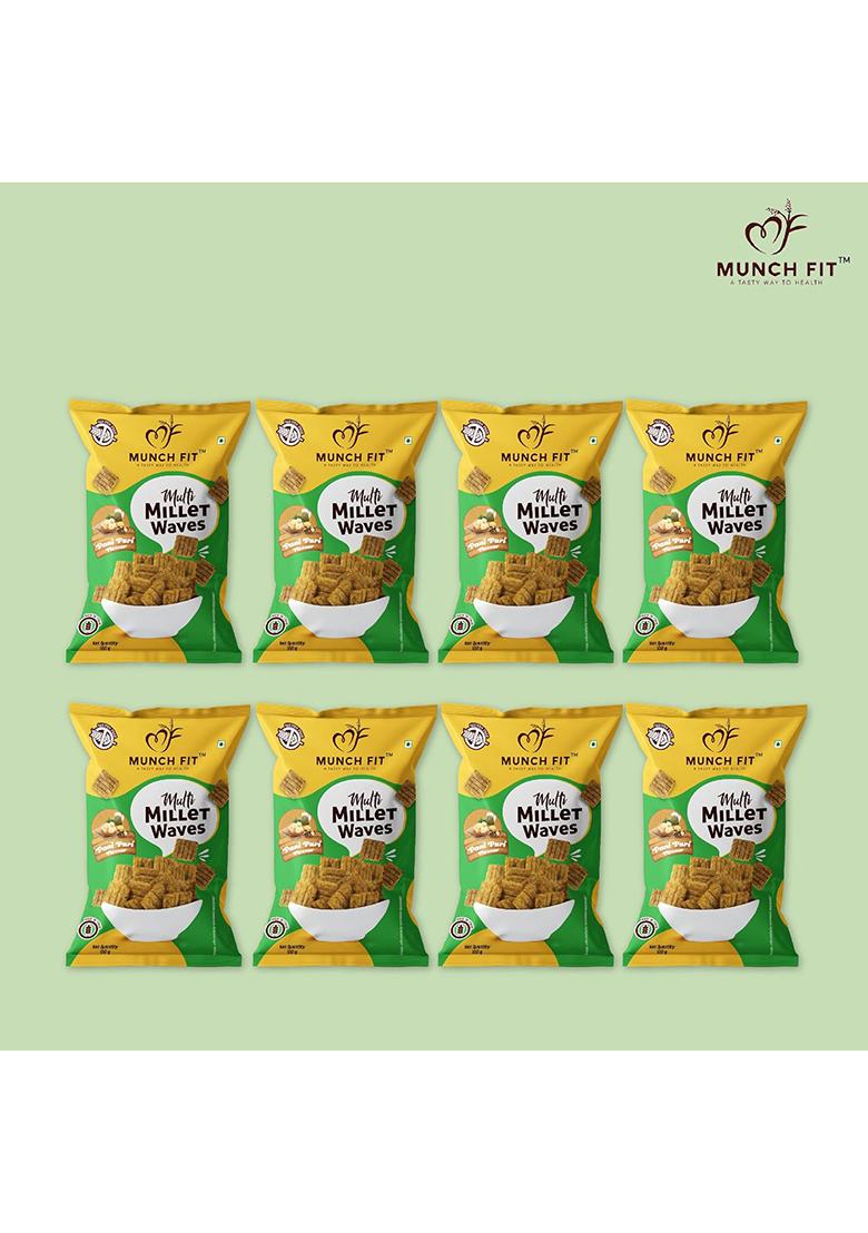 Munch Fit Healthy & Tasty Pani Puri Flavour Millet Snacks | Waves Roasted, Snack For Office Party 100% Veg, High Fibre, Gluten Free, Non Fried Pack Of 8X50G Each