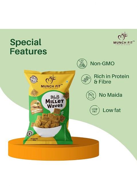 Munch Fit Healthy & Tasty Pani Puri Flavour Millet Snacks | Waves Roasted, Snack For Office Party 100% Veg, High Fibre, Gluten Free, Non Fried Pack Of 8X50G Each