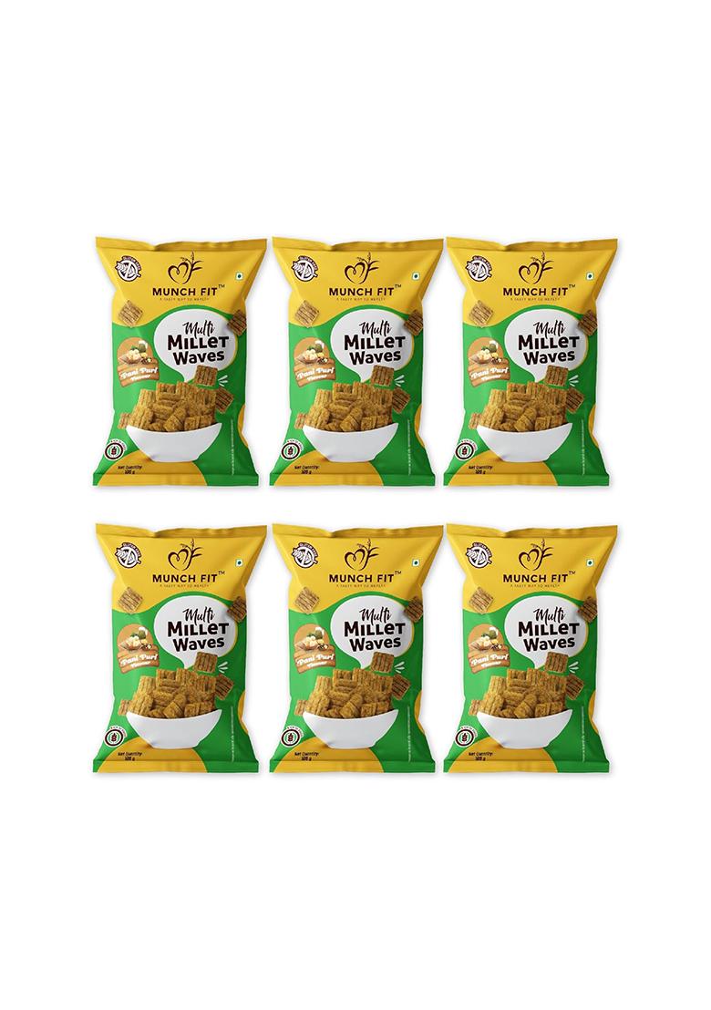 Munch Fit Healthy & Tasty Pani Puri Flavour Millet Snacks | Waves Roasted, Snack For Office Party 100% Veg, High Fibre, Gluten Free, Non Fried Pack Of 6X100G Each