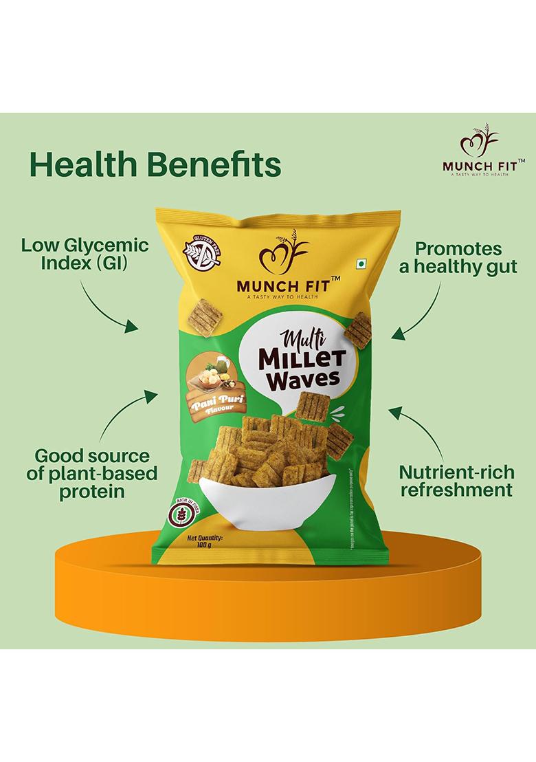 Munch Fit Healthy & Tasty Pani Puri Flavour Millet Snacks | Waves Roasted, Snack For Office Party 100% Veg, High Fibre, Gluten Free, Non Fried Pack Of 6X100G Each
