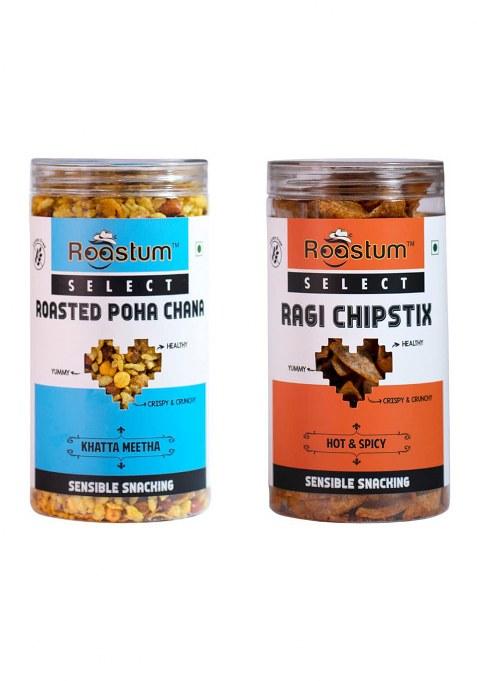 Roastum Combo Of Select Roasted Poha Chana And Ragi Chipstix Healthy Snacking With High Nutrient Content (Pack 2)